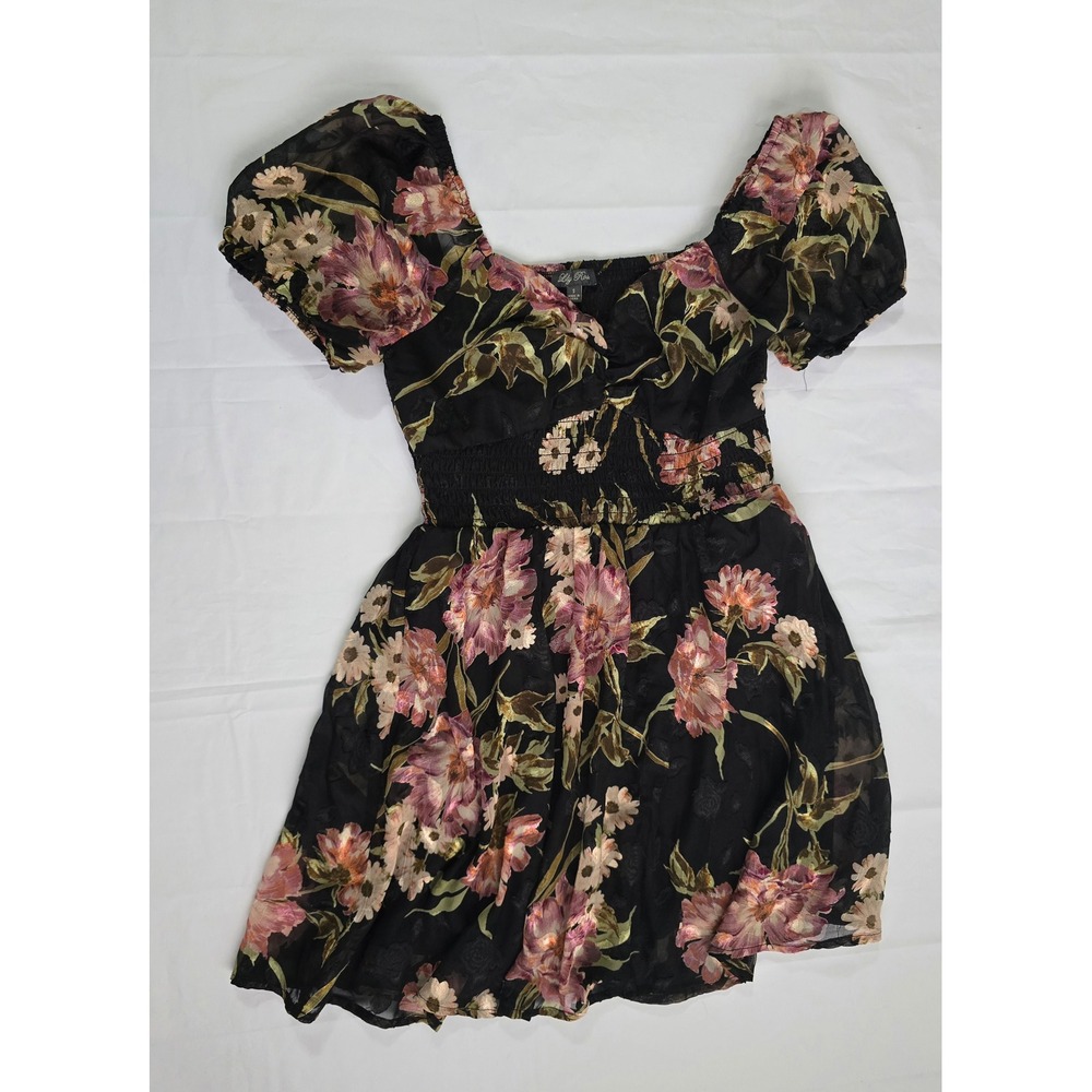 Lily Rose Floral Puff Sleeve Smocked Mini Dress Black Mauve Size Small - Picture 2 of 16